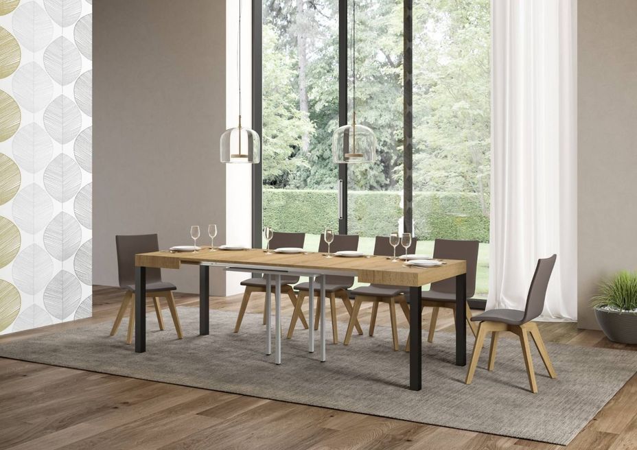 Petite table carrée 90/90 cm extensible 10 personnes 90 à 246 cm bois clair et métal anthracite Karry - Photo n°3