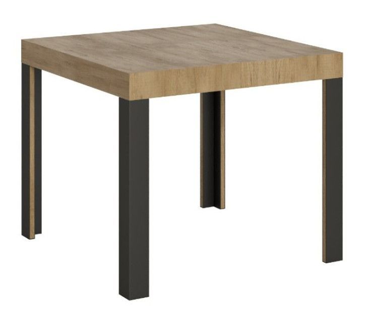 Petite table carrée 90/90 cm extensible 10 personnes 90 à 246 cm bois clair et pieds métal gris foncé Liva - Photo n°1
