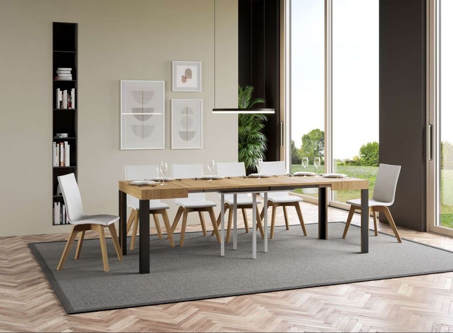 Petite table carrée 90/90 cm extensible 10 personnes 90 à 246 cm bois clair et pieds métal gris foncé Liva - Photo n°3