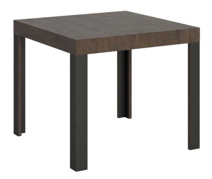 Petite table carrée 90/90 cm extensible 10 personnes 90 à 246 cm bois foncé et pieds métal gris foncé Liva - Photo n°1