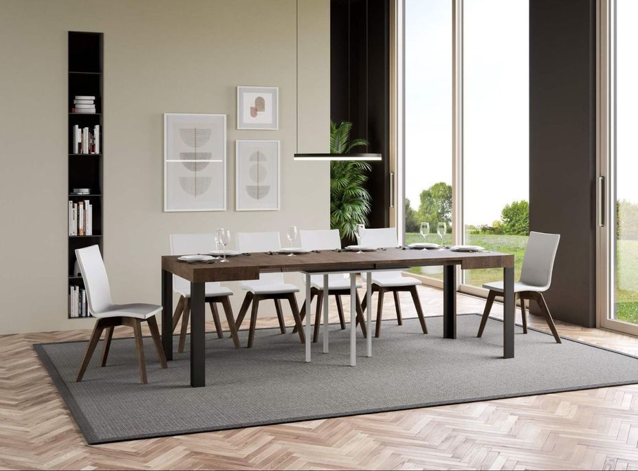 Petite table carrée 90/90 cm extensible 10 personnes 90 à 246 cm bois foncé et pieds métal gris foncé Liva - Photo n°3