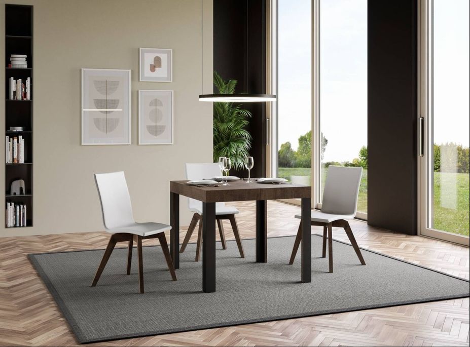 Petite table carrée 90/90 cm extensible 10 personnes 90 à 246 cm bois foncé et pieds métal gris foncé Liva - Photo n°4