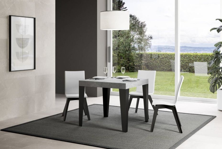 Petite table carrée 90/90 cm extensible 10 personnes 90 à 246 cm bois gris béton et pieds métal anthracite Flavio - Photo n°2