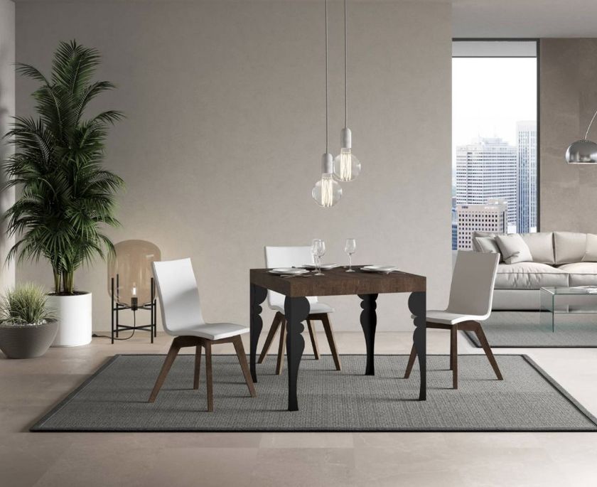 Petite table carrée 90/90 cm extensible 10 personnes 90 à 246 cm marron et pieds gris foncé Kalane - Photo n°3
