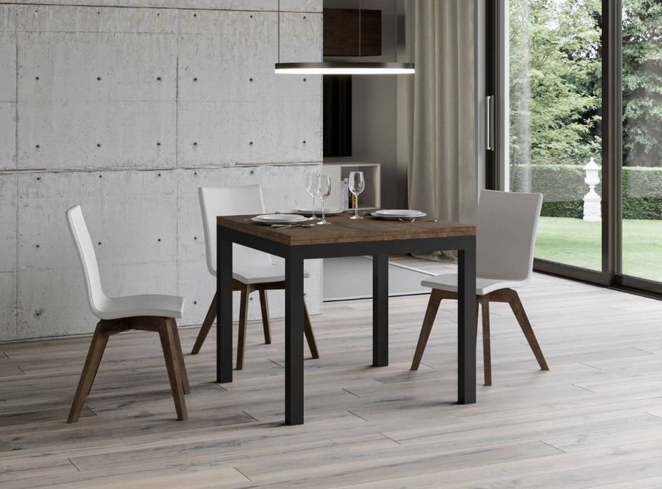 Petite table carrée 90/90 cm extensible 90 à 180 cm bois foncé et cadre métal anthracite Diva - Photo n°1