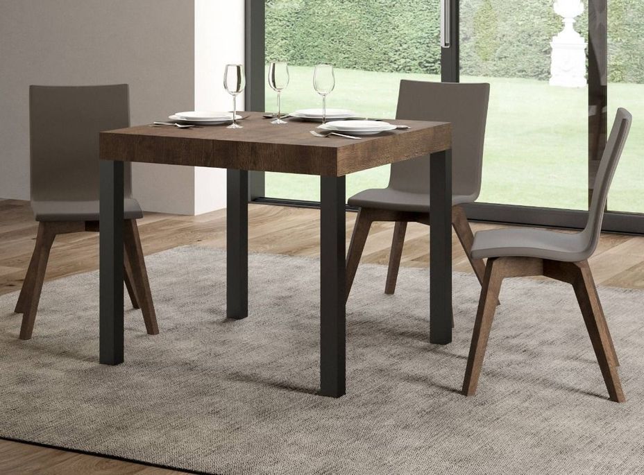 Petite table carrée 90/90 cm extensible10 personnes 90 à 246 cm bois foncé et métal anthracite Evy - Photo n°2