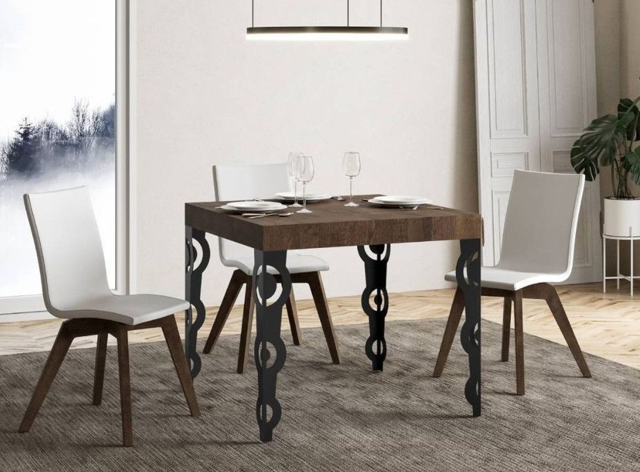Petite table carrée 90x90 cm extensible 10 personnes 90 à 246 cm bois foncé et pieds métal anthracite Kazay - Photo n°2