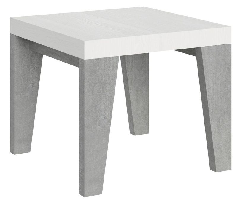 Petite table carrée bois blanc pieds gris béton 90/90 cm extensible 10 personnes 90 à 246 cm Naxo - Photo n°1