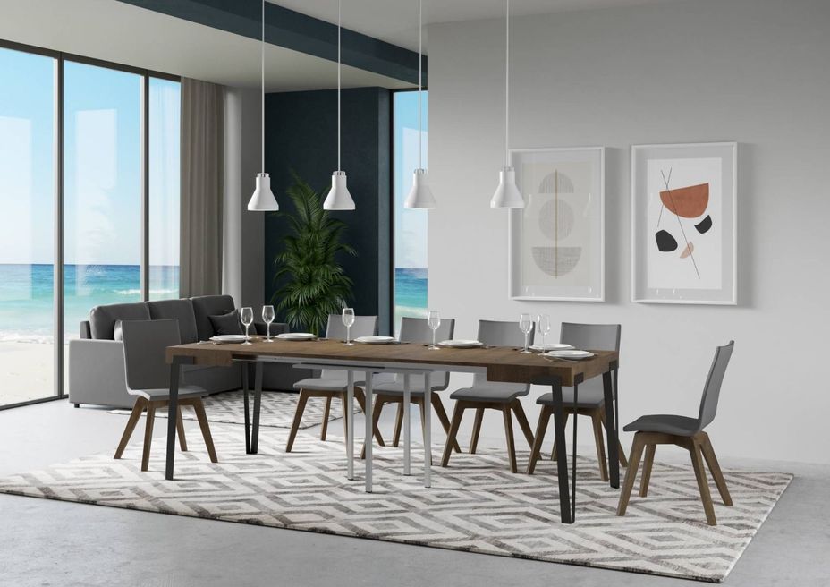Petite table extensible carrée 4 à 10 personnes bois marron et pieds métal anthracite 90 à 246 cm Konta - Photo n°2