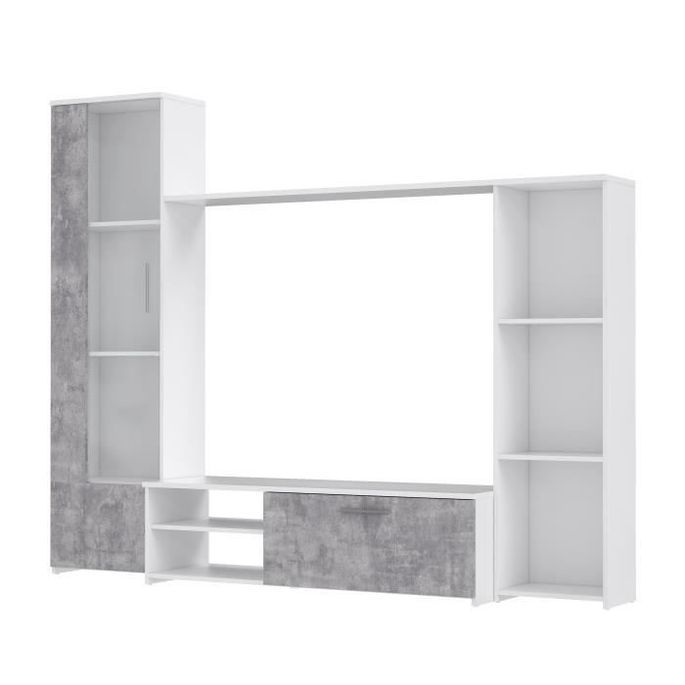 Meuble TV - Blanc mat et béton gris clair - L 220,4 x P41,3 x H177,5 cm - Photo n°2