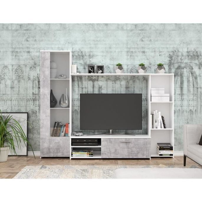 Meuble TV - Blanc mat et béton gris clair - L 220,4 x P41,3 x H177,5 cm - Photo n°3