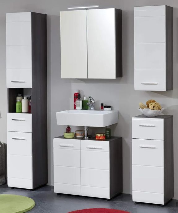 Rangement salle de bain 1 porte 1 tiroir mélaminé blanc et gris Bezzi - Photo n°5