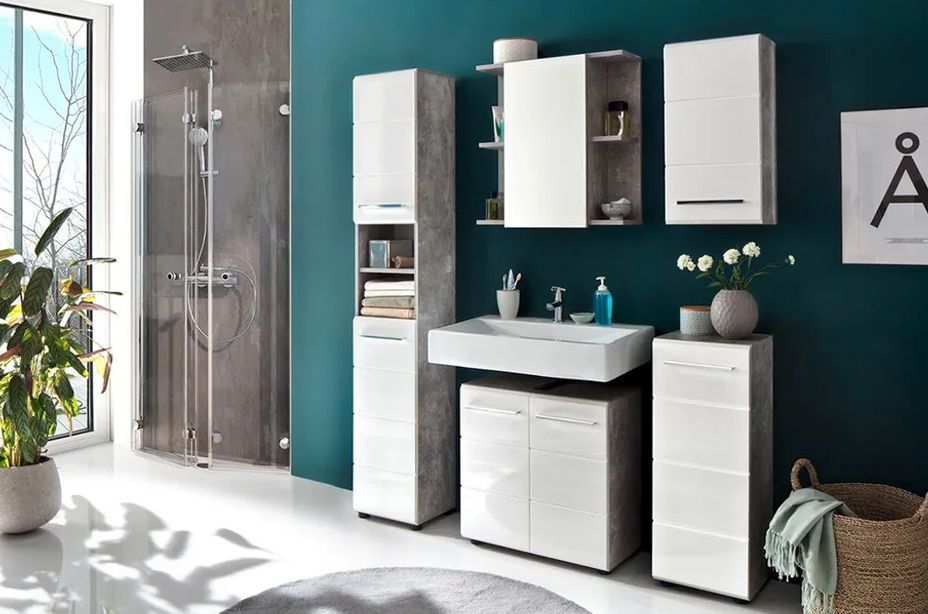 Rangement salle de bain 1 porte mélaminé blanc et gris Lenny - Photo n°6