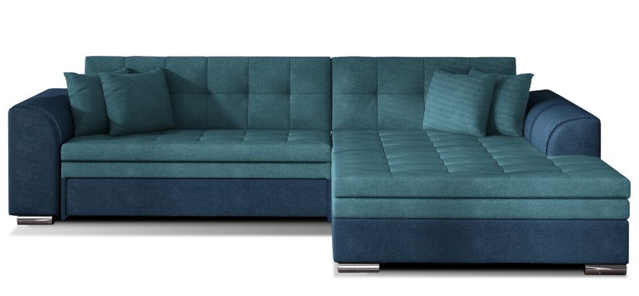 Canapé d'angle droit convertible 4 places tissu bleu foncé et bleu turquoise Looka 295 cm - Photo n°1