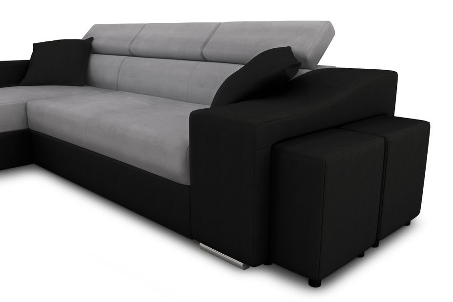 Canapé d'angle convertible angle gauche et 2 poufs simili noir et microfibre gris Cadiac 264 cm - Photo n°11