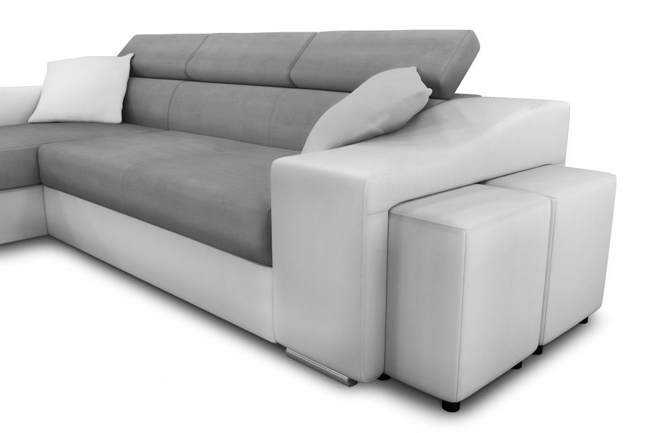Canapé d'angle convertible angle gauche et 2 poufs simili blanc et microfibre gris clair Cadiac 264 cm - Photo n°10
