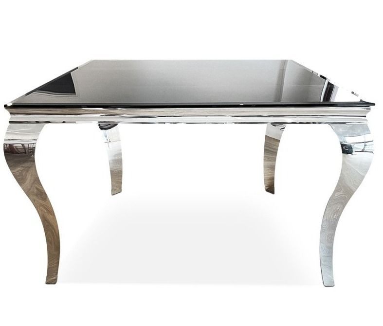 Table à manger carrée baroque acier chromé et plateau noir trempé Boza 140 cm - Photo n°1