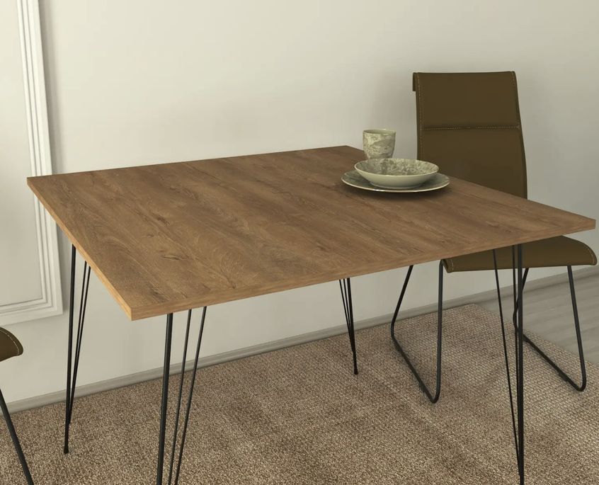 Table à manger carrée bois clair et pieds en forme d'épingles acier noir Kizone 90 cm - Photo n°2