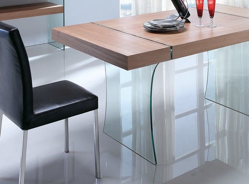 Table à manger design verre trempé et bois foncé Sella 160 cm
