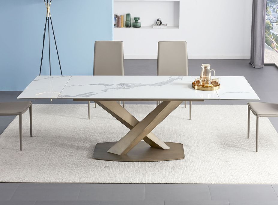 Table à manger extensible céramique effet marbre gris et pieds acier bronze Lady 180/260 cm - Photo n°1