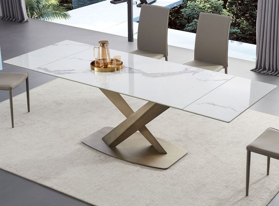 Table à manger extensible céramique effet marbre gris et pieds acier bronze Lady 180/260 cm - Photo n°3