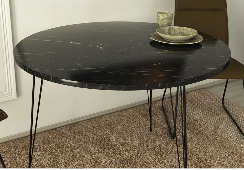 Table à manger ronde bois effet marbre noir et pieds en forme d'épingles acier noir Kizone 90 cm - Photo n°2