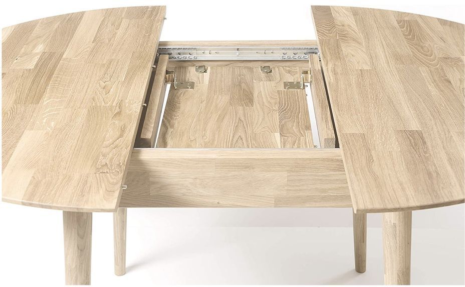 Table à manger ronde extensible 100 à 130 cm en chêne massif blanchi Kundy - Photo n°2