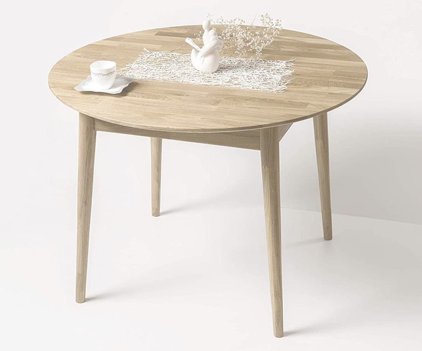 Table à manger ronde extensible 100 à 130 cm en chêne massif blanchi Kundy - Photo n°3