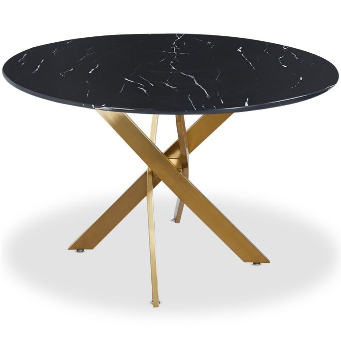 Table à manger ronde verre effet marbre noir et pieds en métal doré Xisor D 120 cm - Photo n°1