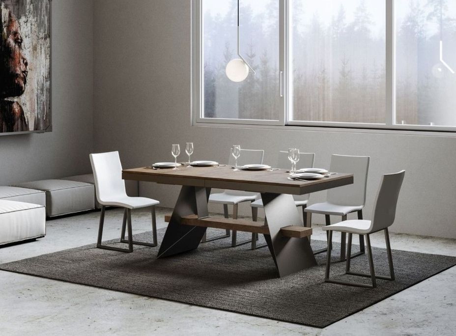 Table à rallonges 8 à 14 places bois foncé avec un cadre et des pieds acier gris foncé 180 à 284 cm Borys - Photo n°1