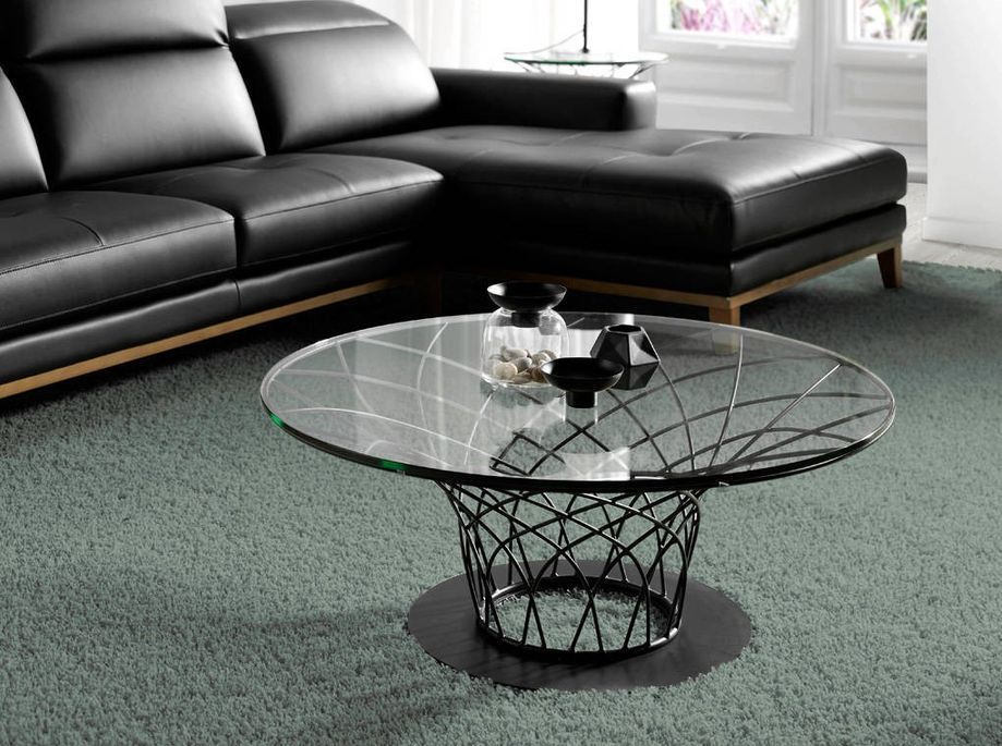 Designer - Table basse ronde plateau verre trempé et acier noir Pilya