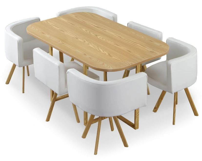 Table bois chêne clair et 6 chaises similicuir blanc Manda - Photo n°1