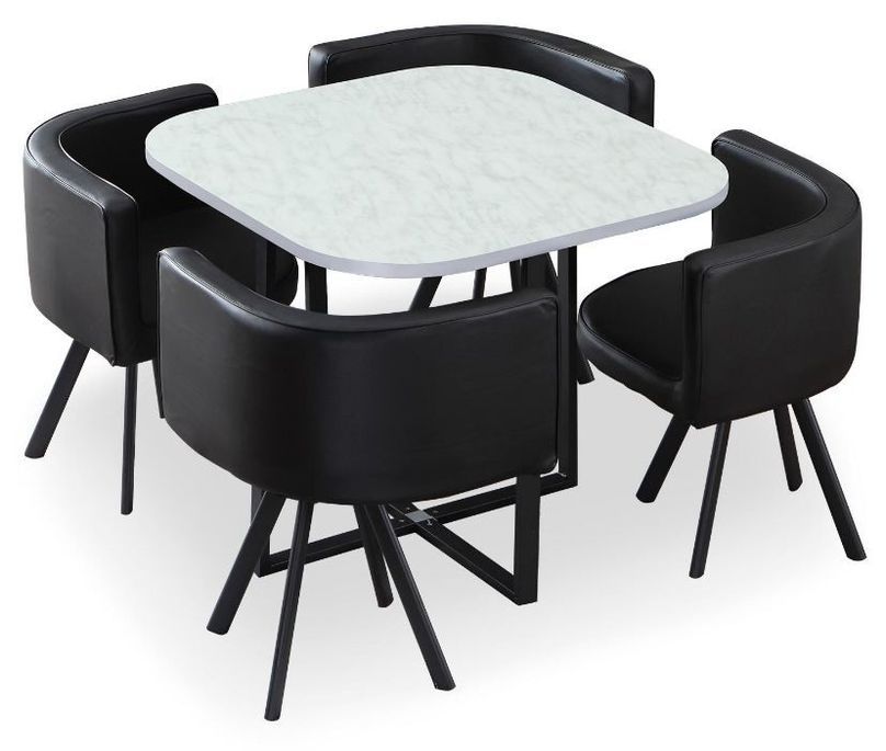 Table bois effet marbre et 4 chaises similicuir noir Manda - Photo n°1