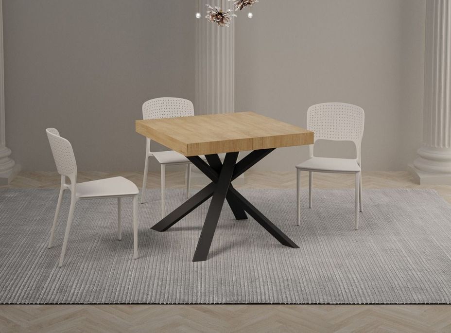 Table carrée 90x90 cm extensible 90 à 184 cm chêne clair et pieds arrondis entrelacés anthracite Karzy - Photo n°2
