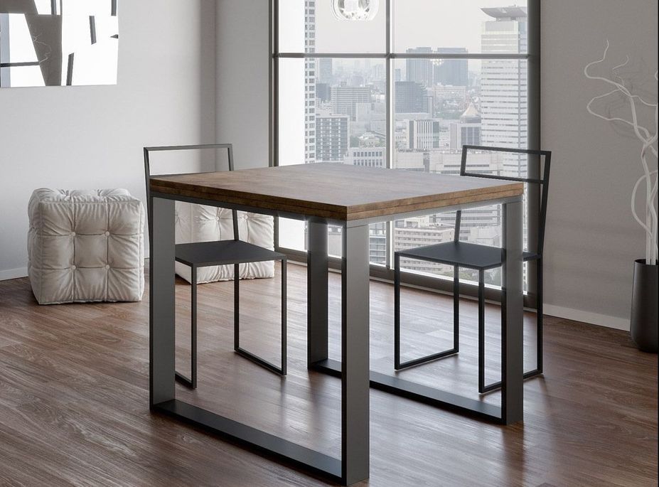 Table carrée extensible 4 à 6 places L 90 à 180 cm bois foncé avec cadre et pieds métal anthracite Likro - Photo n°1