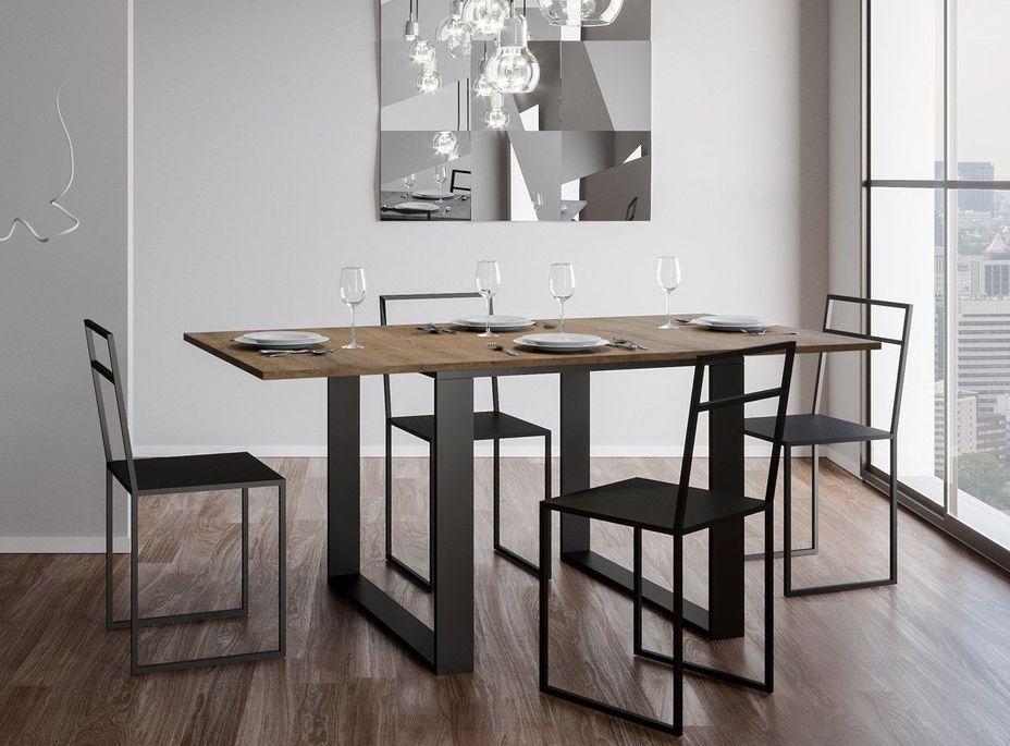 Table carrée extensible 4 à 6 places L 90 à 180 cm bois foncé avec cadre et pieds métal anthracite Likro - Photo n°2