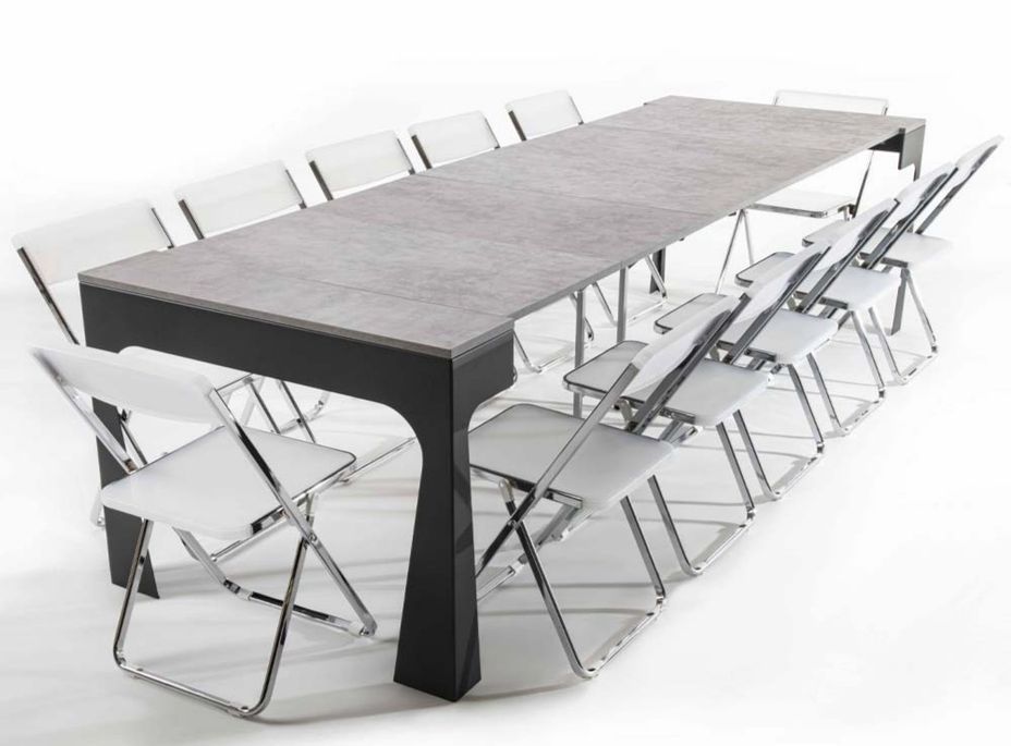 Table console extensible et 12 chaises métal anthracite et bois gris ciment Zinka - Photo n°2