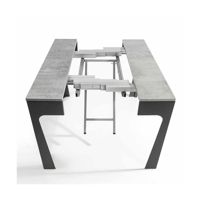 Table console extensible et 12 chaises métal anthracite et bois gris ciment Zinka - Photo n°6