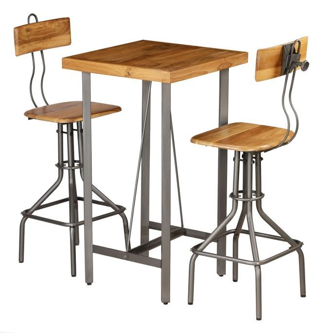 Table de bar carrée teck recyclé et 2 tabourets industriel Vinka - Photo n°1