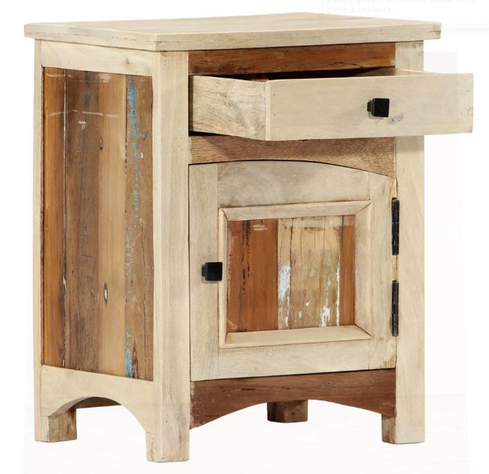Table de chevet 1 porte 1 tiroir manguier massif clair et bois recyclé Misty - Photo n°3