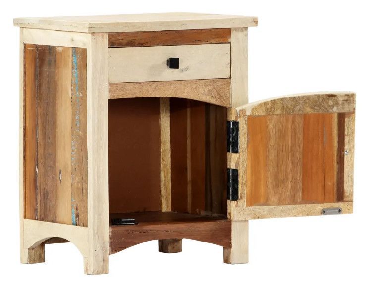 Table de chevet 1 porte 1 tiroir manguier massif clair et bois recyclé Misty - Photo n°4