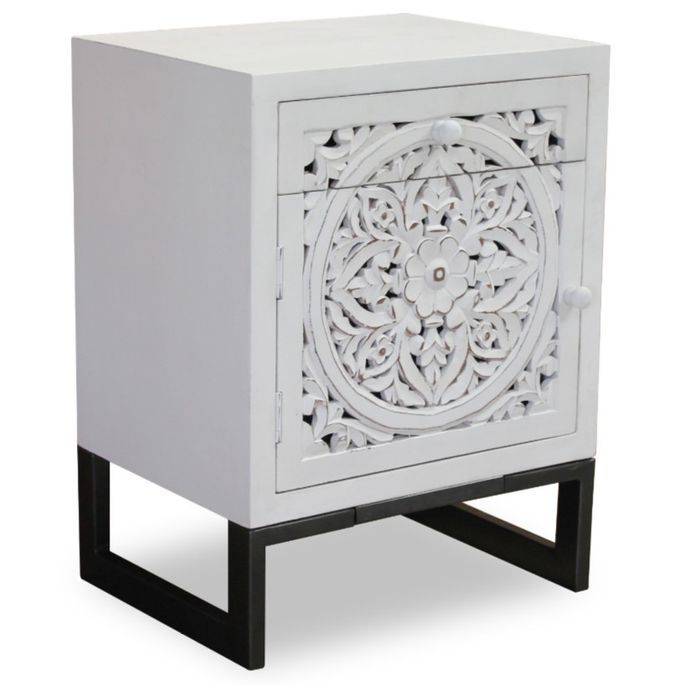 Table de chevet 1 porte et 1 tiroir bois blanc et métal noir Dias - Photo n°1