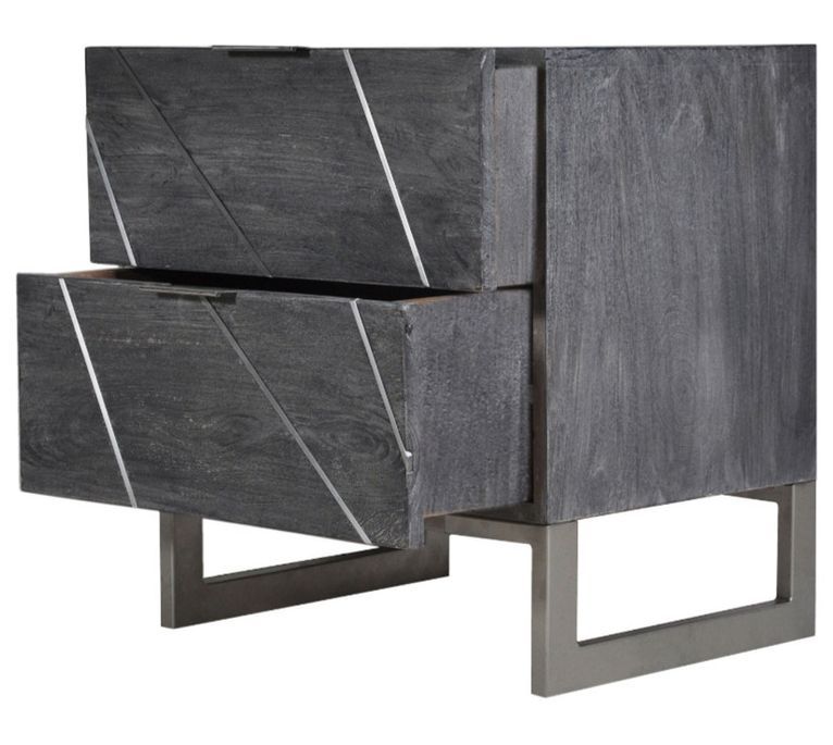 Table de chevet 2 tiroirs acacia massif et métal gris Toupma - Photo n°3