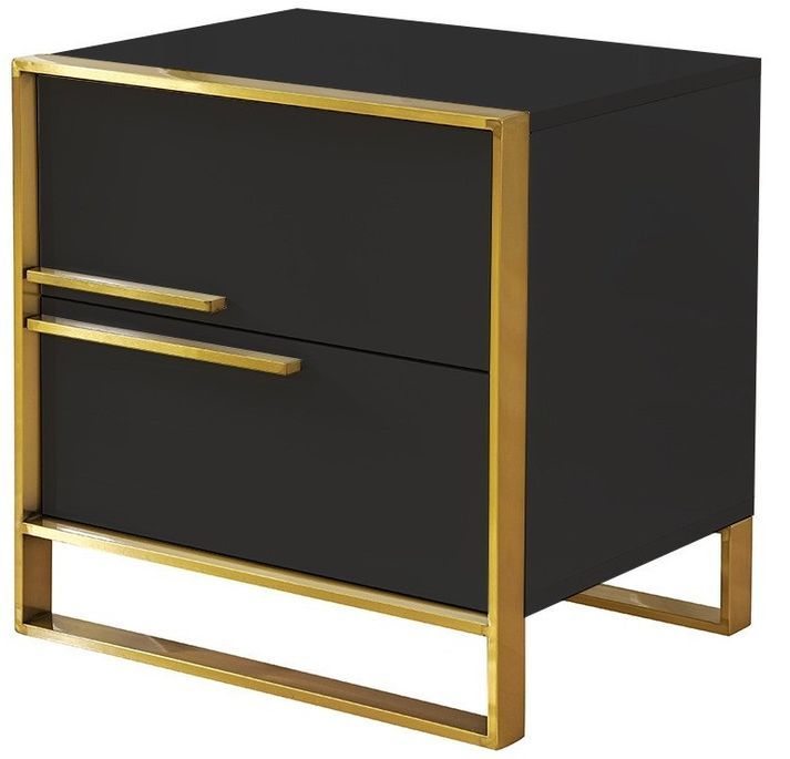 Table de chevet 2 tiroirs bois massif noir et pieds métal doré Beneto - Photo n°1
