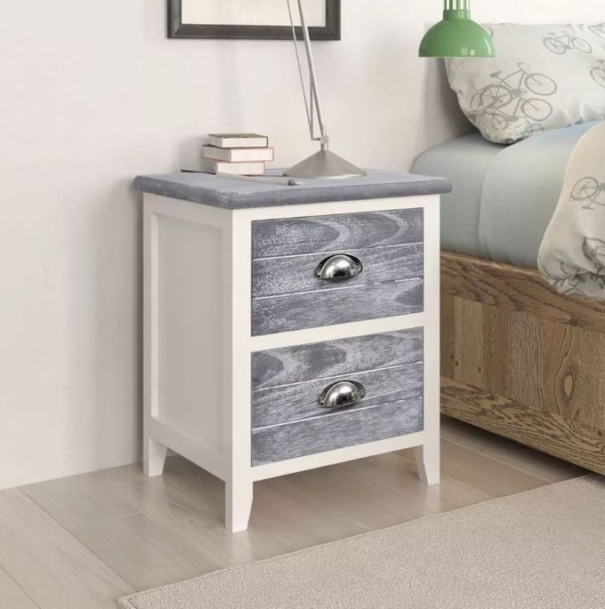 Table de chevet 2 tiroirs bois paulownia blanc et gris Poupa - Lot de 2 - Photo n°4