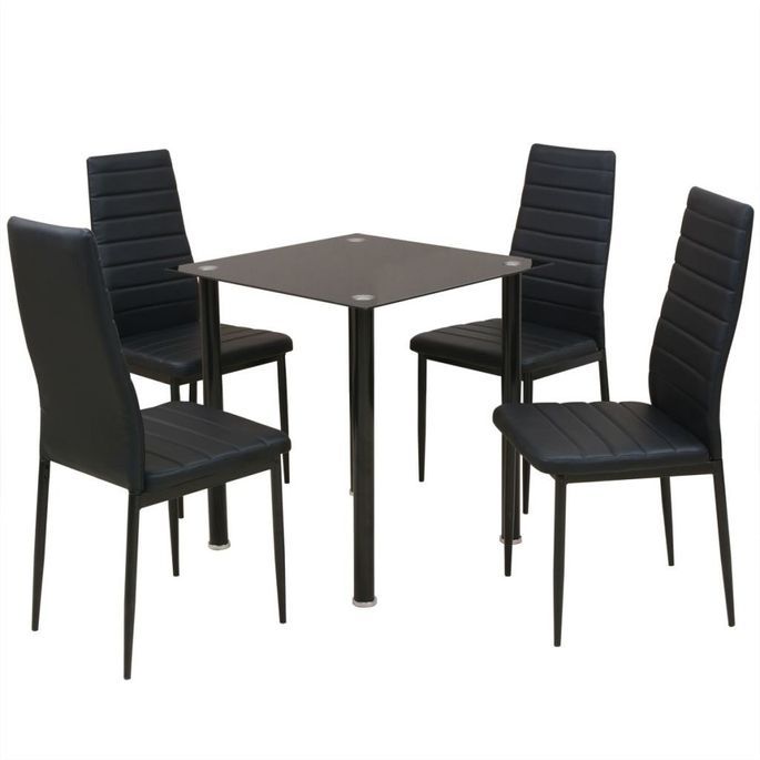 Table de cuisine carré noir verre trempé et 4 chaises simili noir Mulko - Photo n°1