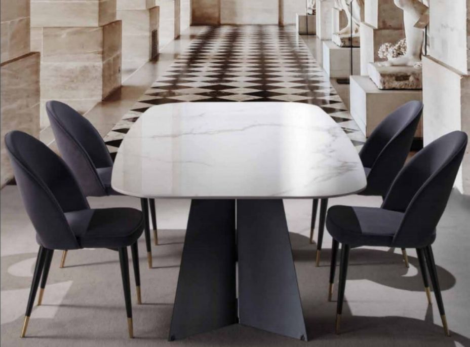 Table de repas design en céramique de marbre blanc de Carrare et pieds métal noir Empereur - Photo n°2
