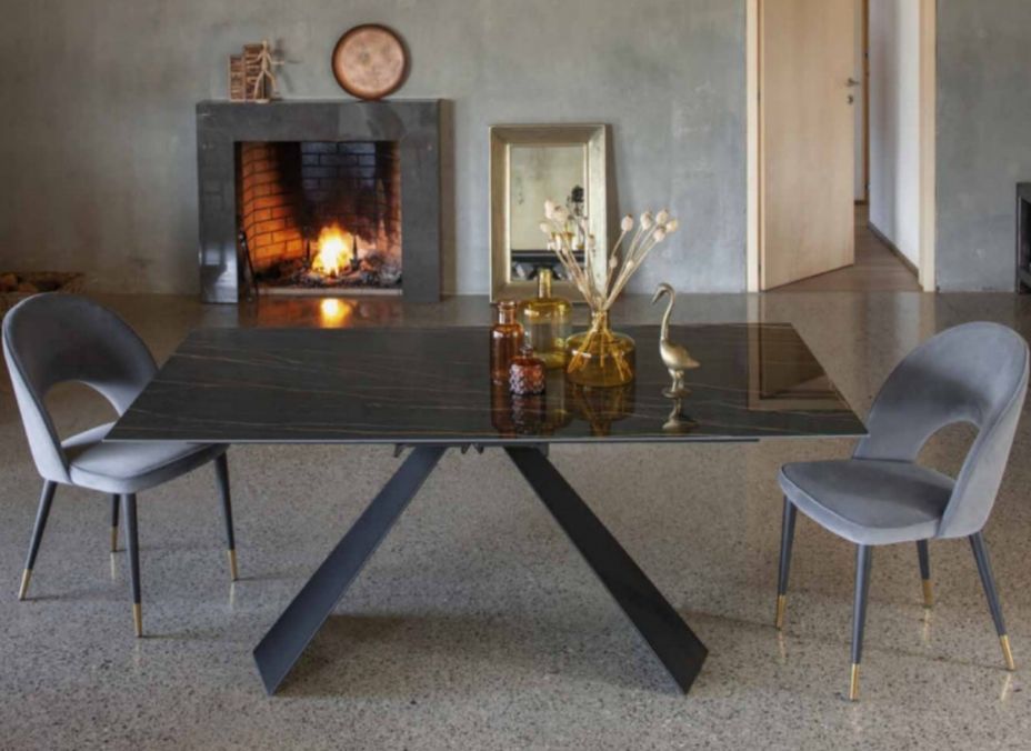 Table design 180 cm céramique marron marbre et pieds métal noir Kylane - Photo n°1