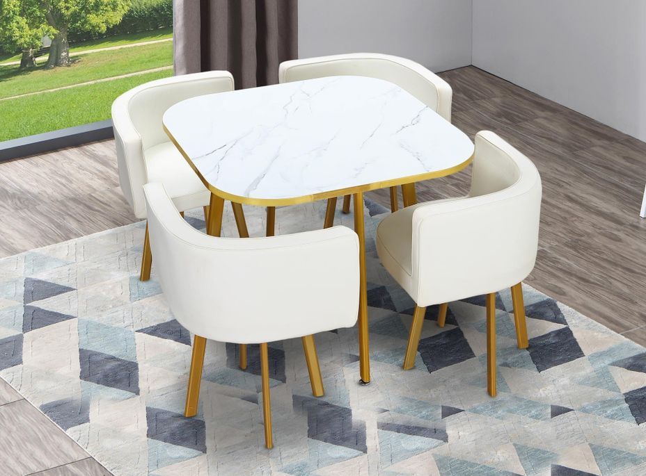 Table effet marbre blanc et 4 chaises simili cuir pieds métal doré Manda - Photo n°2