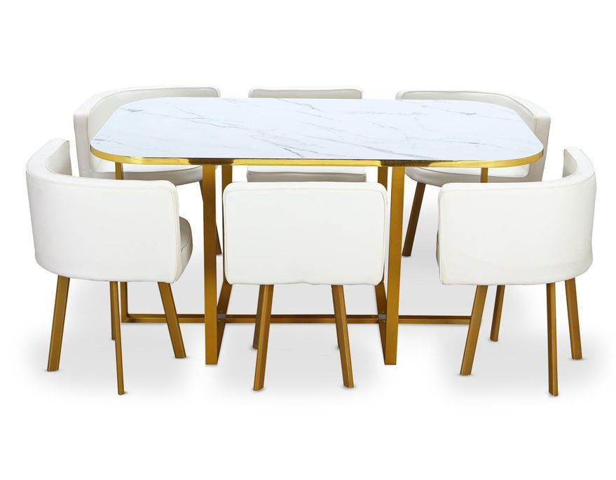 Table effet marbre et 6 chaises simili cuir blanc pieds métal doré Manda - Photo n°1